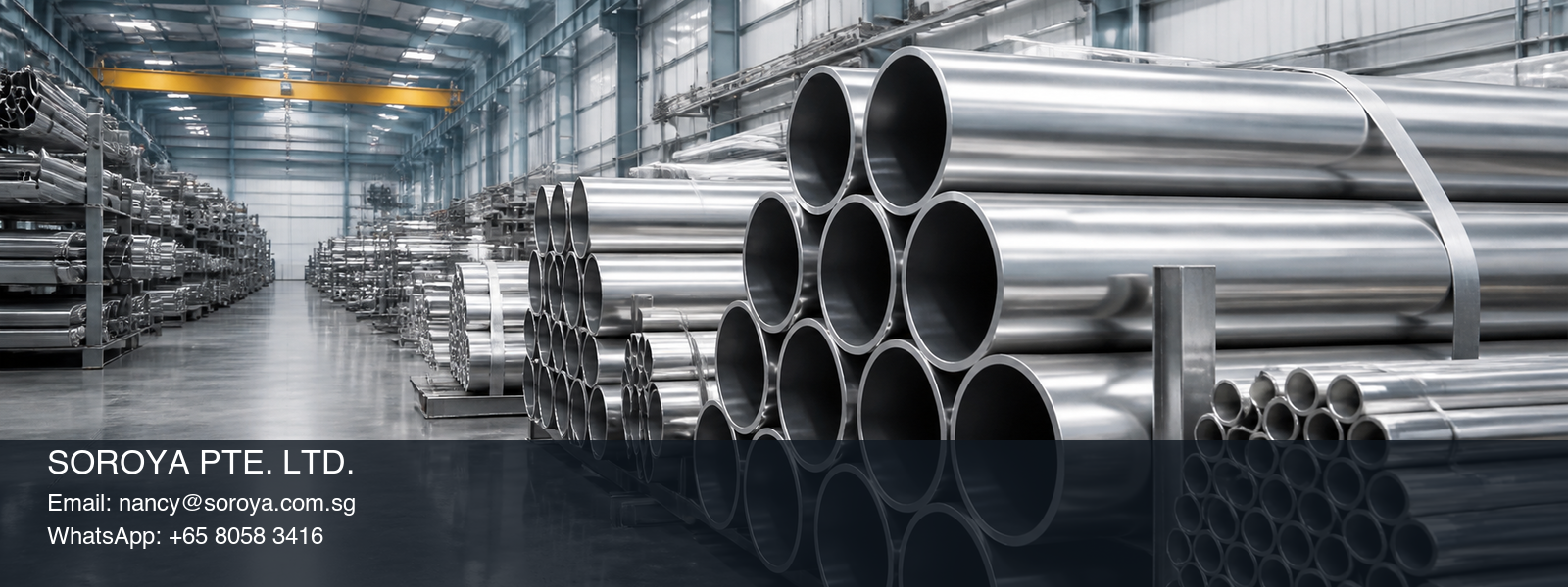 Bundles of stainless steel pipes and tubes in an industrial warehouse with SOROYA PTE. LTD. contact details