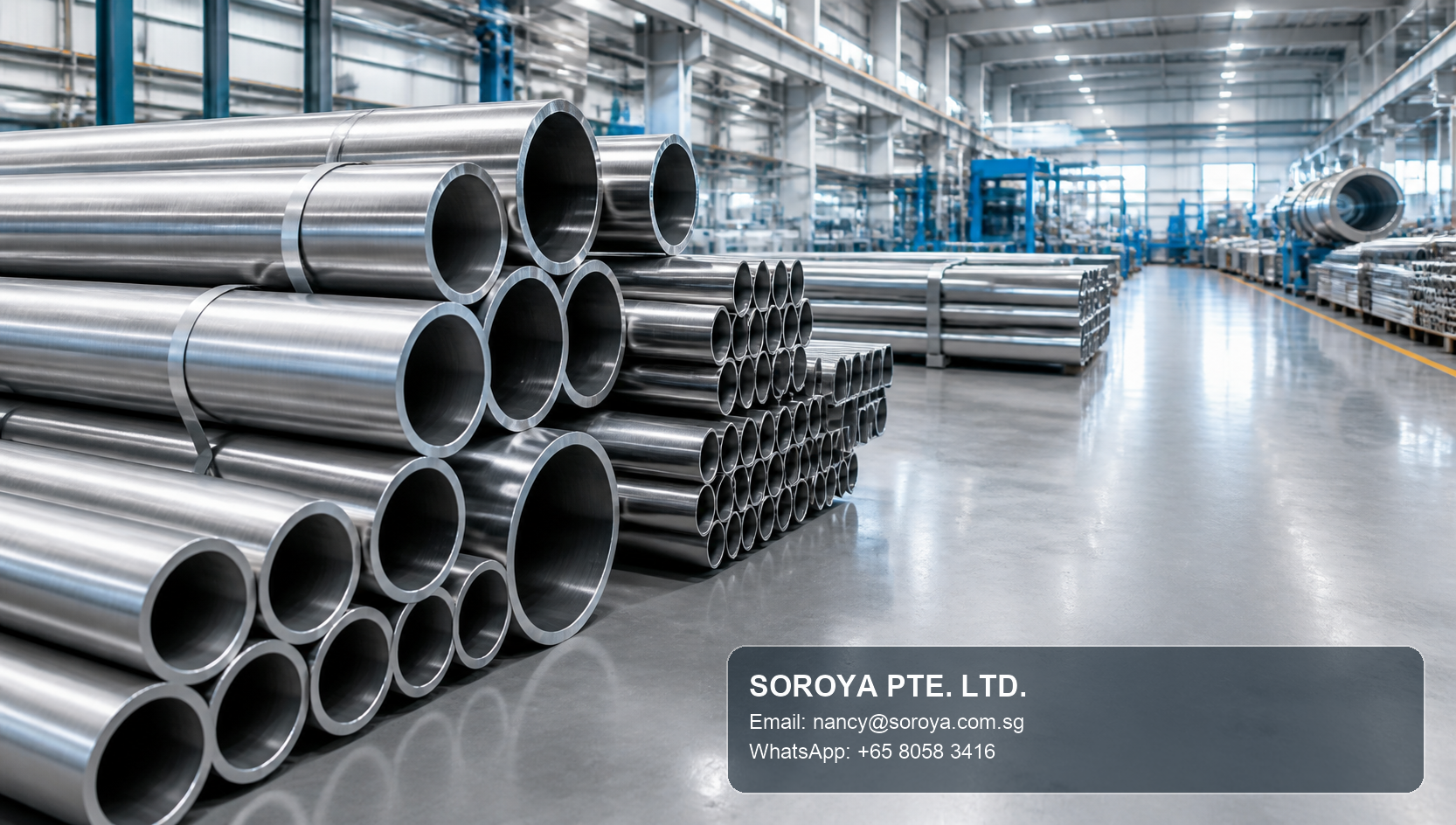 Stainless steel industrial pipe and tube stock in a bright warehouse with SOROYA PTE. LTD. contact details