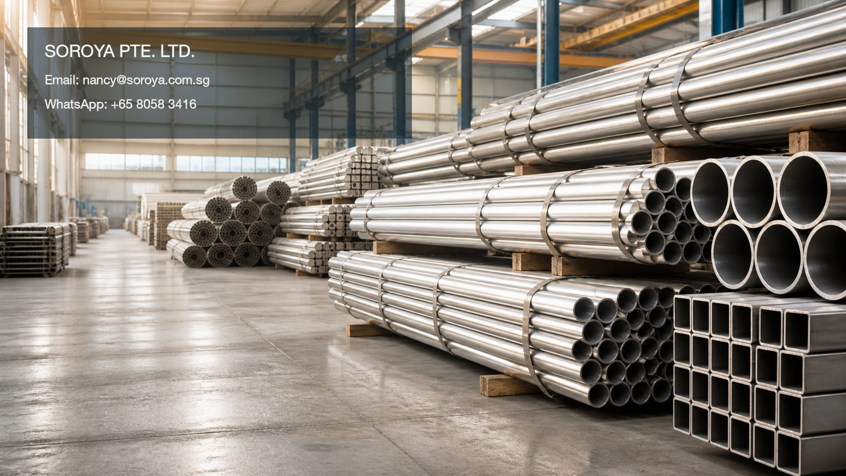 Bundles of stainless steel pipes and tubes in an industrial warehouse with SOROYA PTE. LTD. contact details
