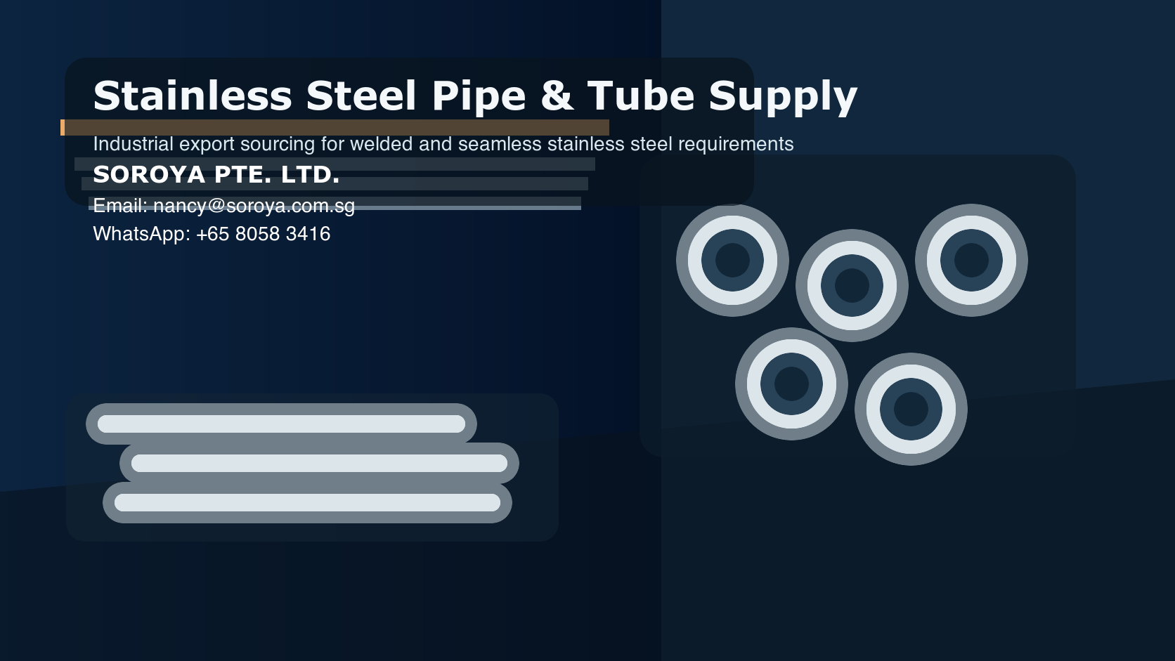 Industrial stainless steel pipe and tube supply header with SOROYA PTE. LTD. contact details