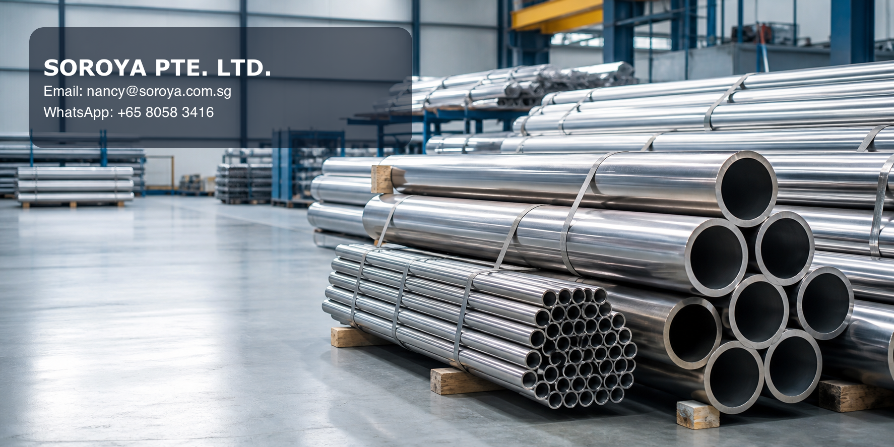 Industrial stainless steel pipe and tube bundles in a warehouse with SOROYA PTE. LTD. contact details