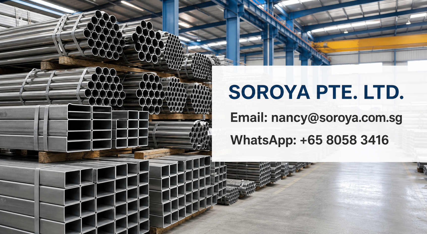 Industrial stainless steel pipe and tube bundles in a warehouse for export supply with SOROYA PTE. LTD. contact details