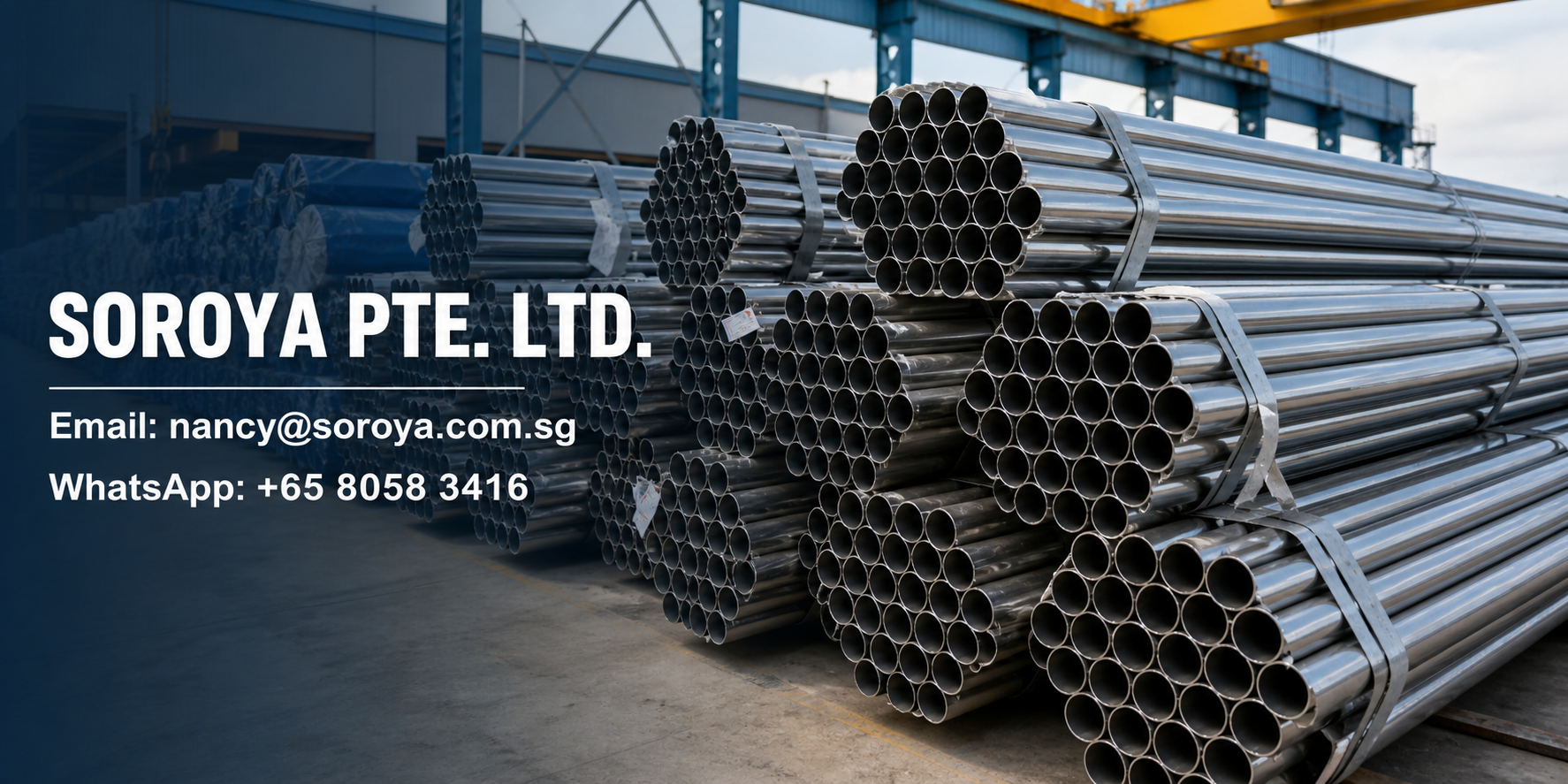 Industrial stainless steel pipe and tube bundles in an export warehouse with SOROYA PTE. LTD. contact details