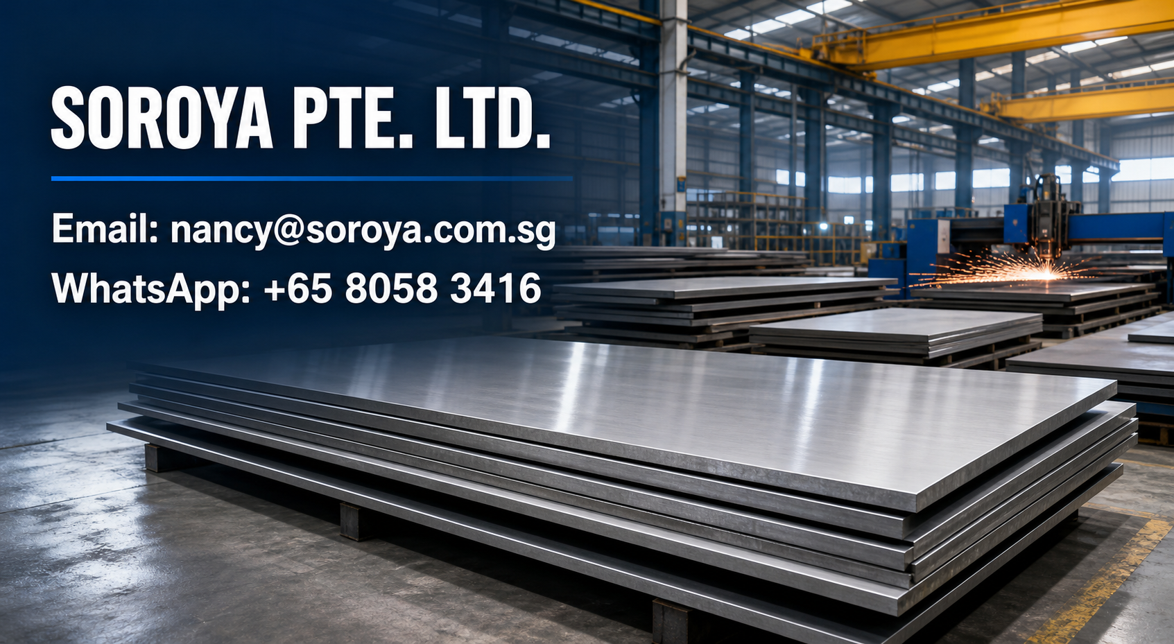 Industrial stainless steel plate stacks in a fabrication warehouse with SOROYA PTE. LTD. contact details