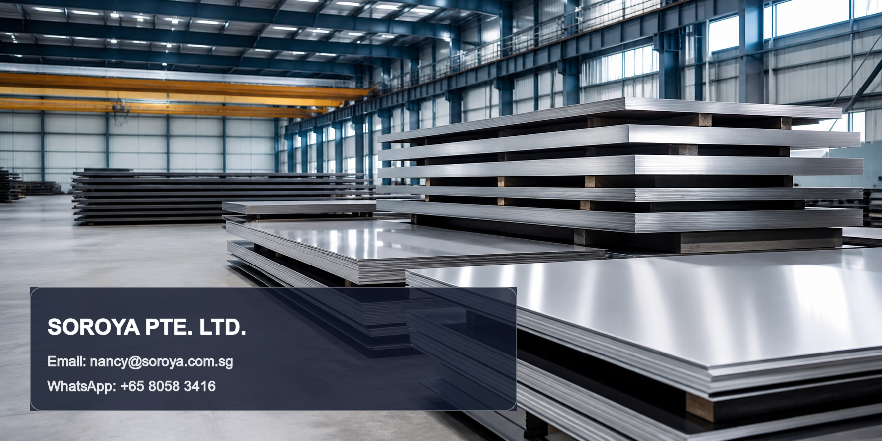 Industrial stainless steel plate stacks in a warehouse with SOROYA PTE. LTD. contact details