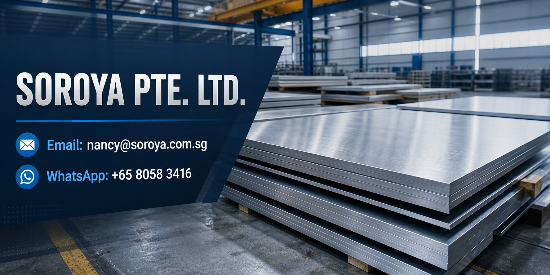 Industrial stainless steel plate stacks in a warehouse with SOROYA PTE. LTD. contact details