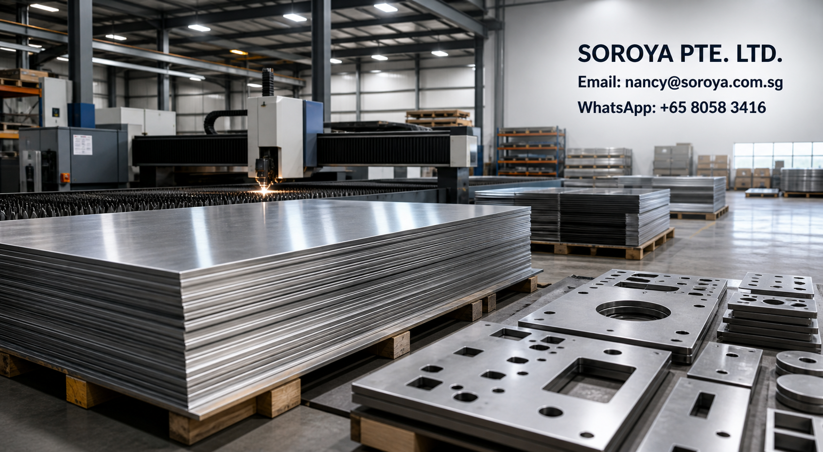 Industrial stainless steel plate sheets prepared for laser cutting in a fabrication warehouse with SOROYA PTE. LTD. contact details