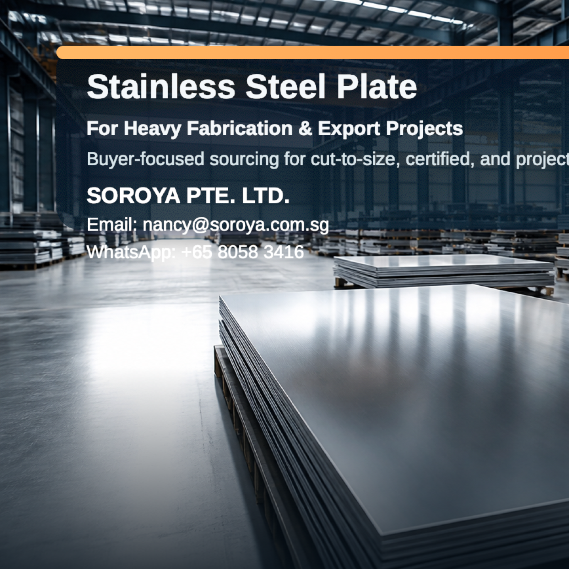 Industrial stainless steel plate stacks in a warehouse for heavy fabrication and export sourcing