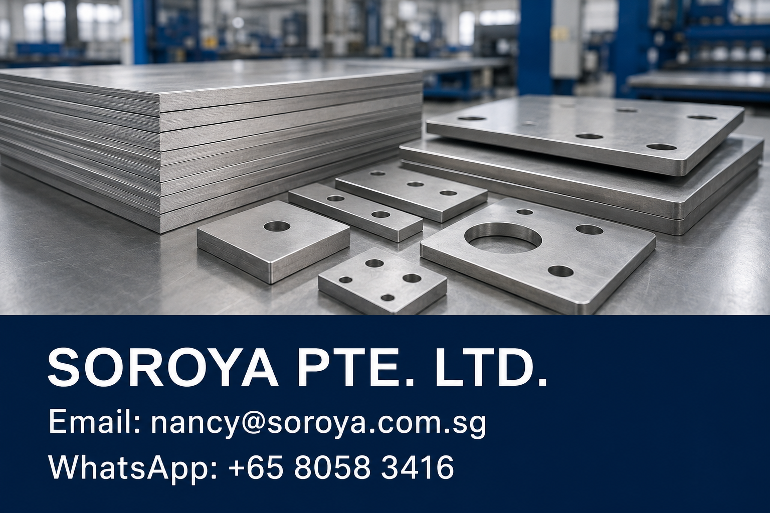 Cut-to-size stainless steel plates and precision blanks on an inspection bench with SOROYA PTE. LTD. enquiry details