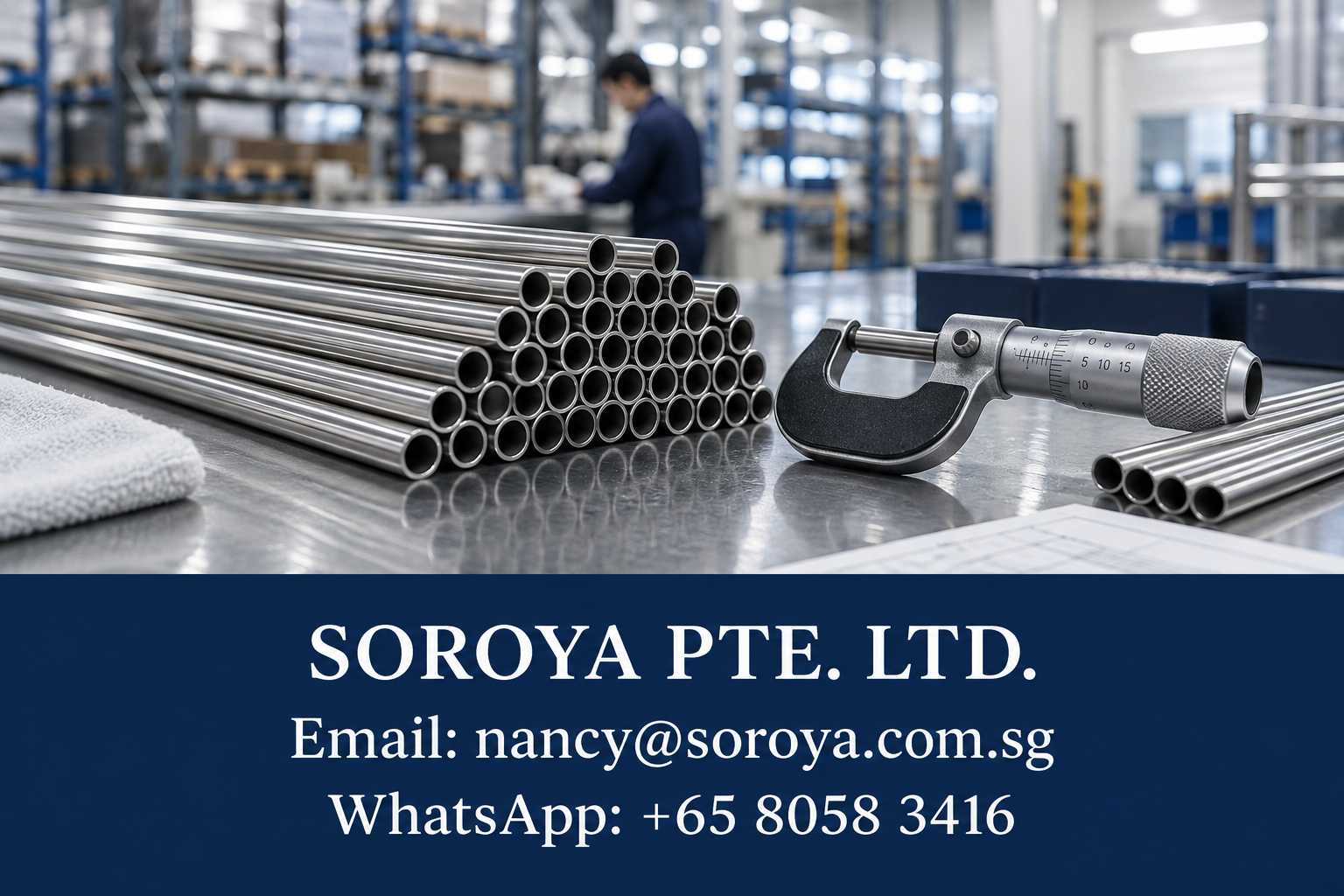 Precision stainless steel instrumentation tubes on an inspection bench with a micrometer and SOROYA contact details