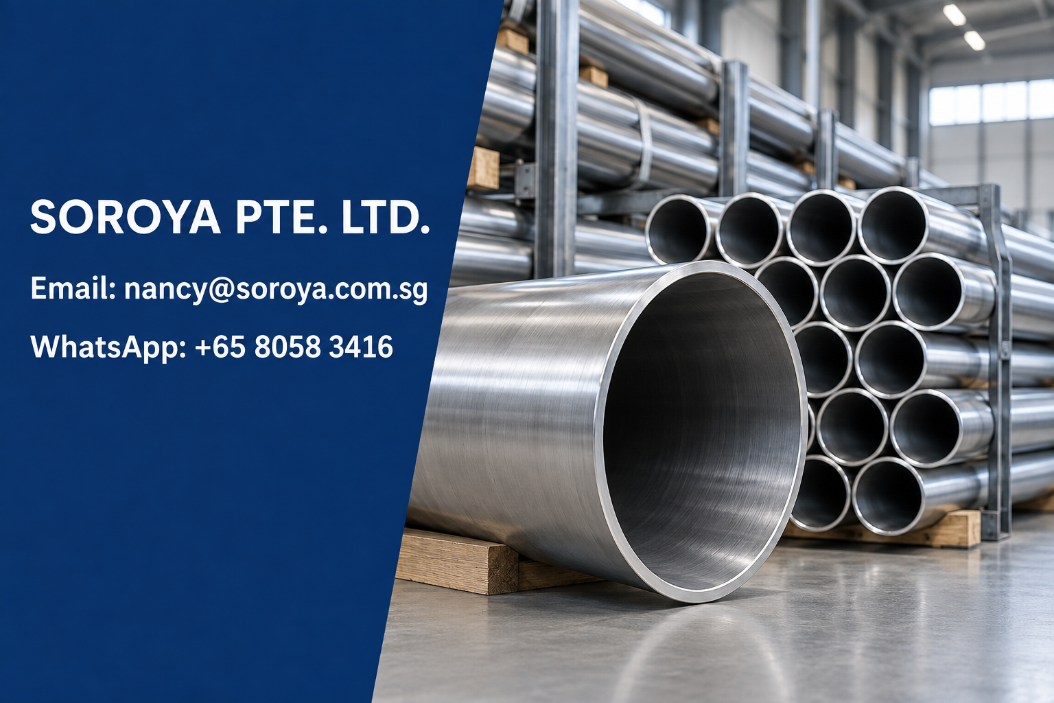 Stainless steel pipes on warehouse supports with SOROYA PTE. LTD. email and WhatsApp contact details