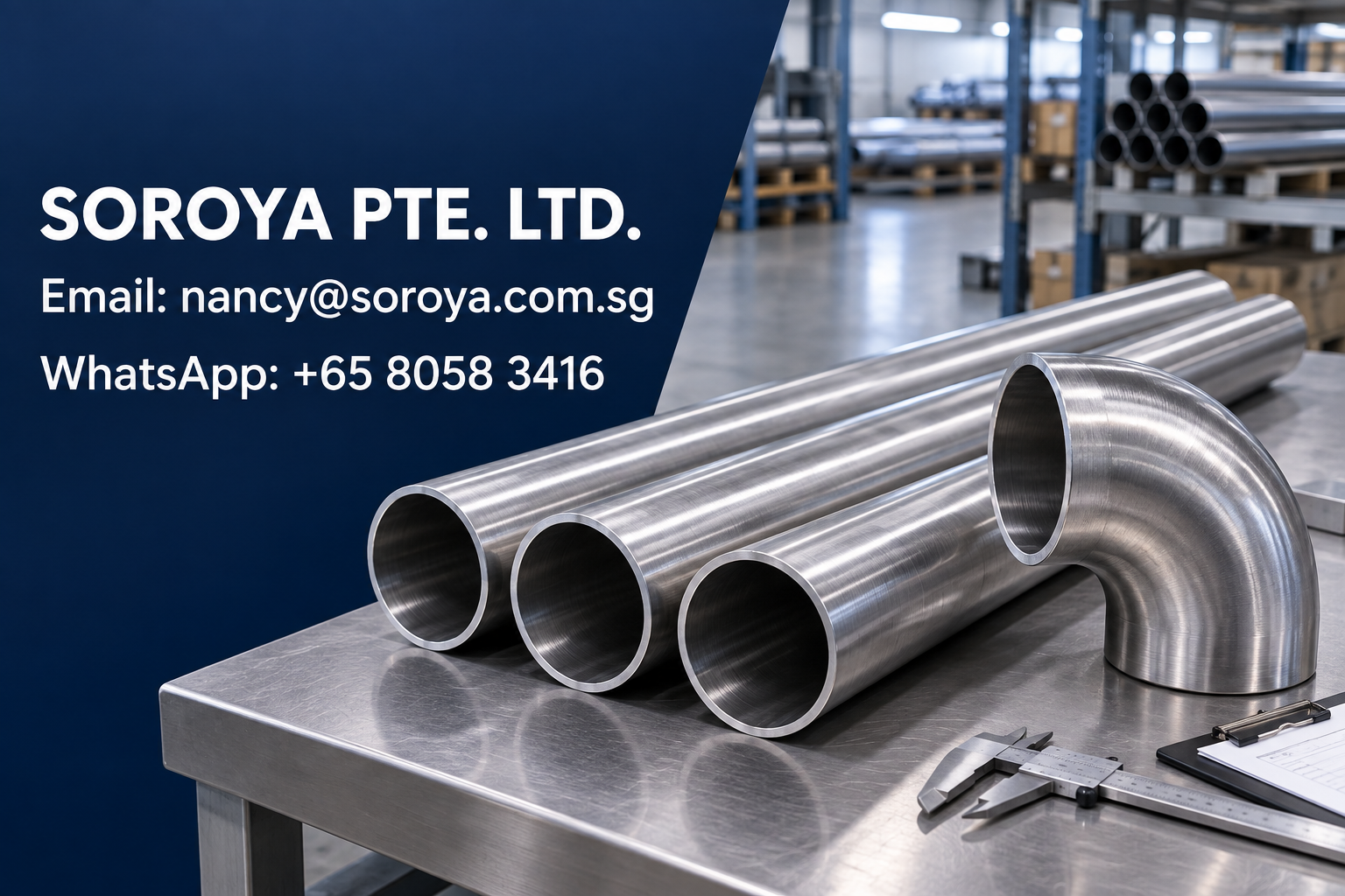 Stainless steel pipes and elbow on an inspection bench with SOROYA PTE. LTD. email and WhatsApp contact details