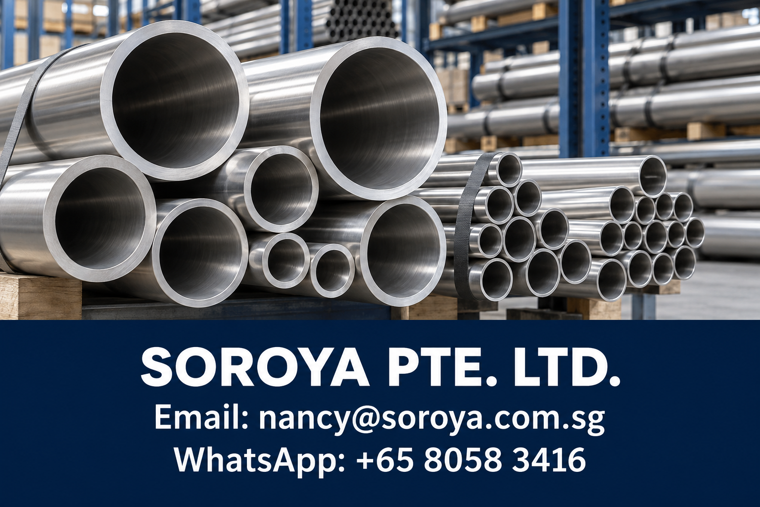 Stainless steel pipes showing different wall thicknesses in a warehouse, with SOROYA PTE. LTD. email and WhatsApp contact details