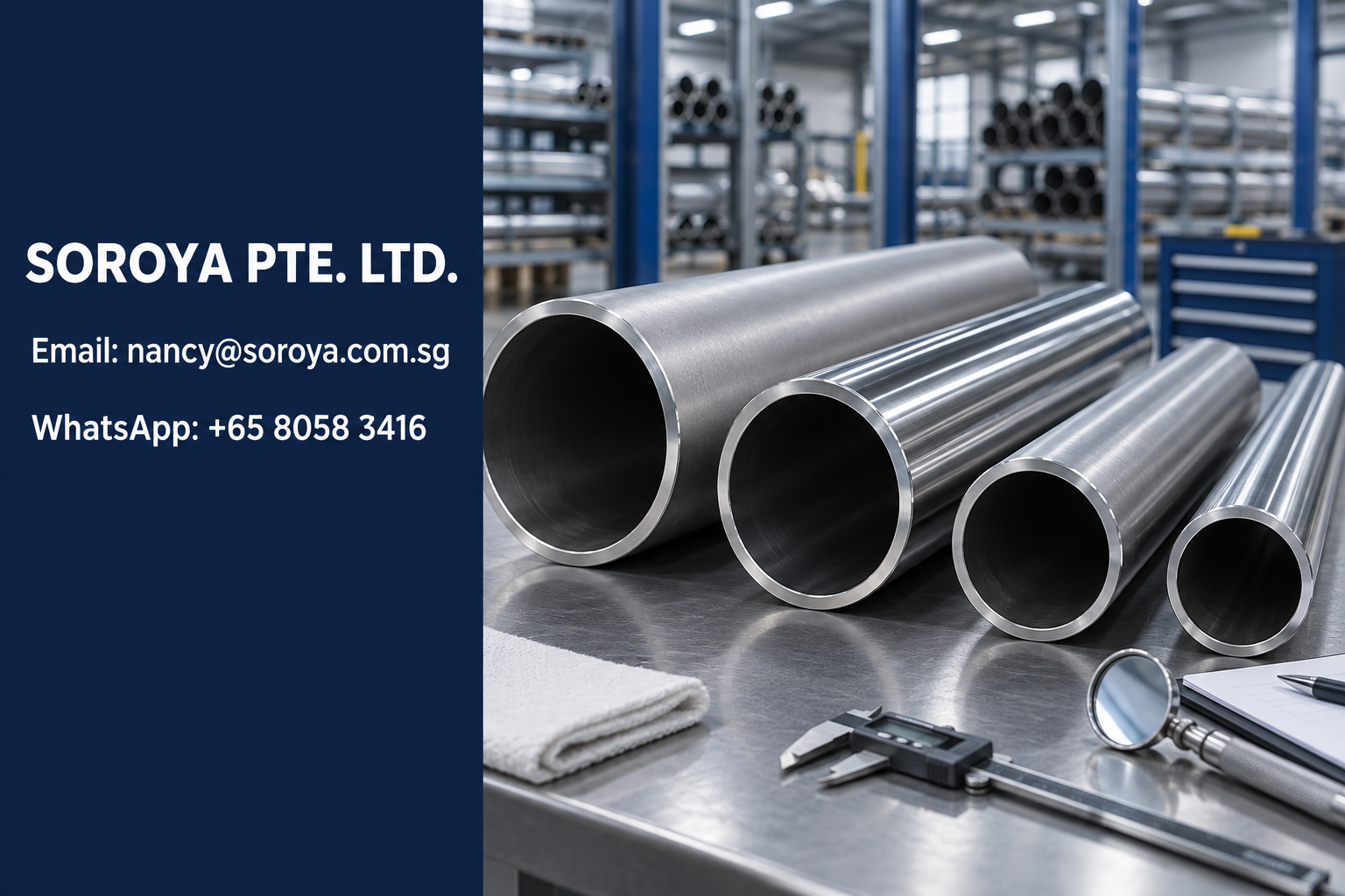 Stainless steel pipes with matte and polished surfaces on an inspection bench, with SOROYA PTE. LTD. contact details