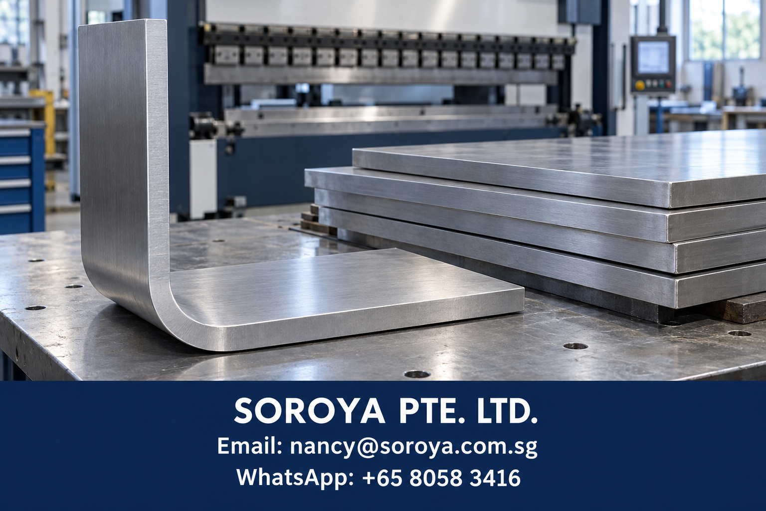 Bent stainless steel plate beside stacked plates and a press brake, with SOROYA PTE. LTD. email and WhatsApp contact details