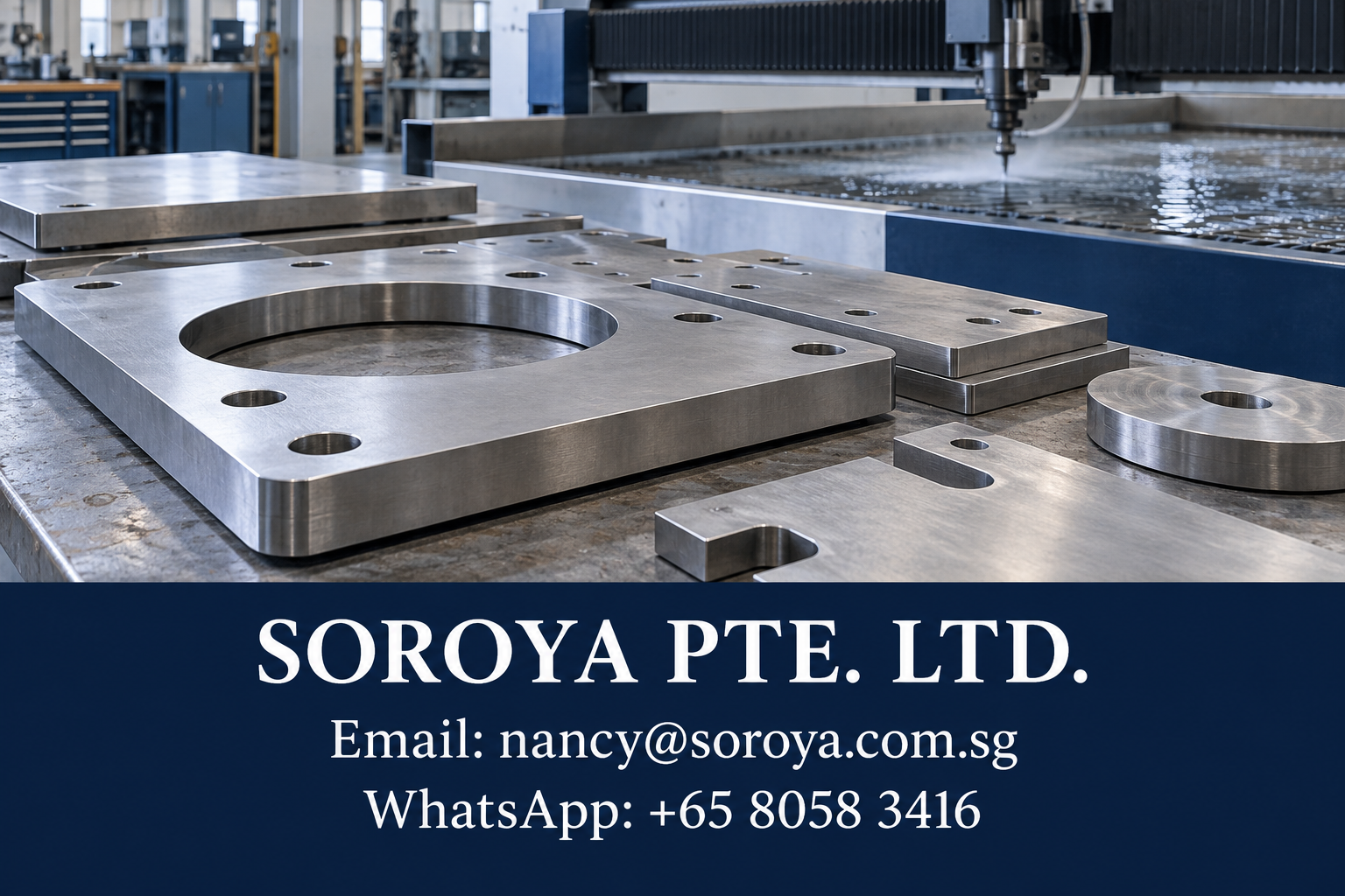 Cut stainless steel plate profiles and rings beside industrial waterjet equipment, with SOROYA PTE. LTD. contact details