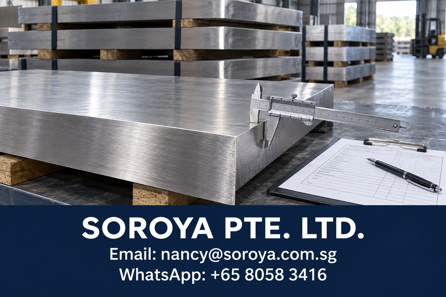 Industrial stainless steel plate receiving inspection scene with caliper, inspection checklist and SOROYA contact details
