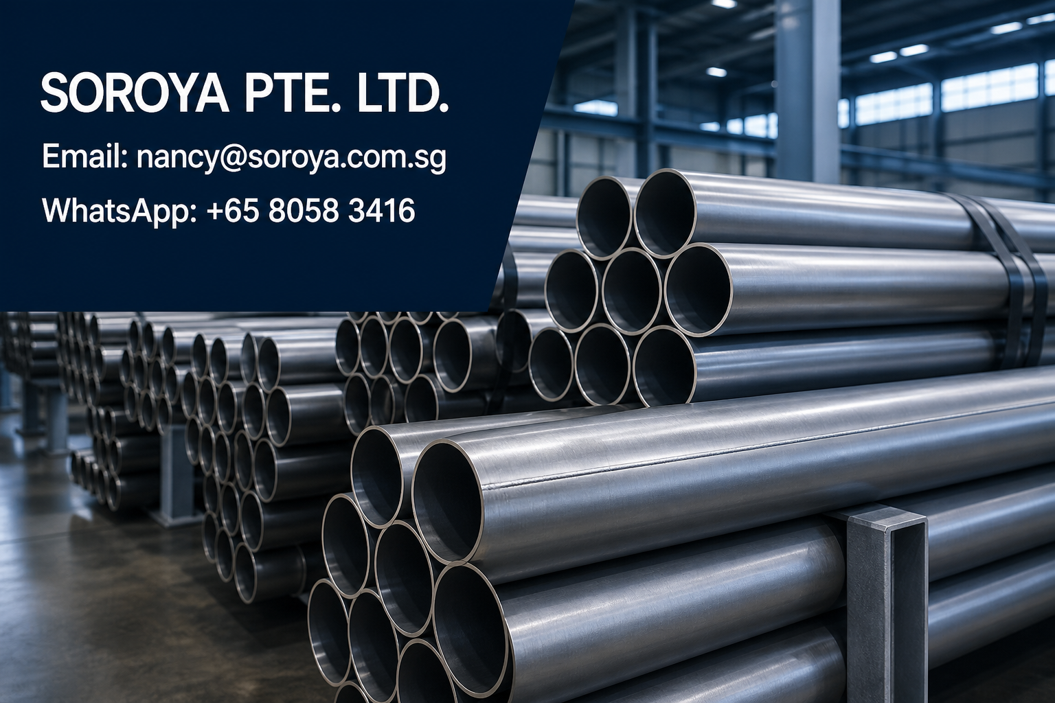 Industrial stainless steel pipe bundles with visible hollow ends and SOROYA PTE. LTD. email and WhatsApp contact details